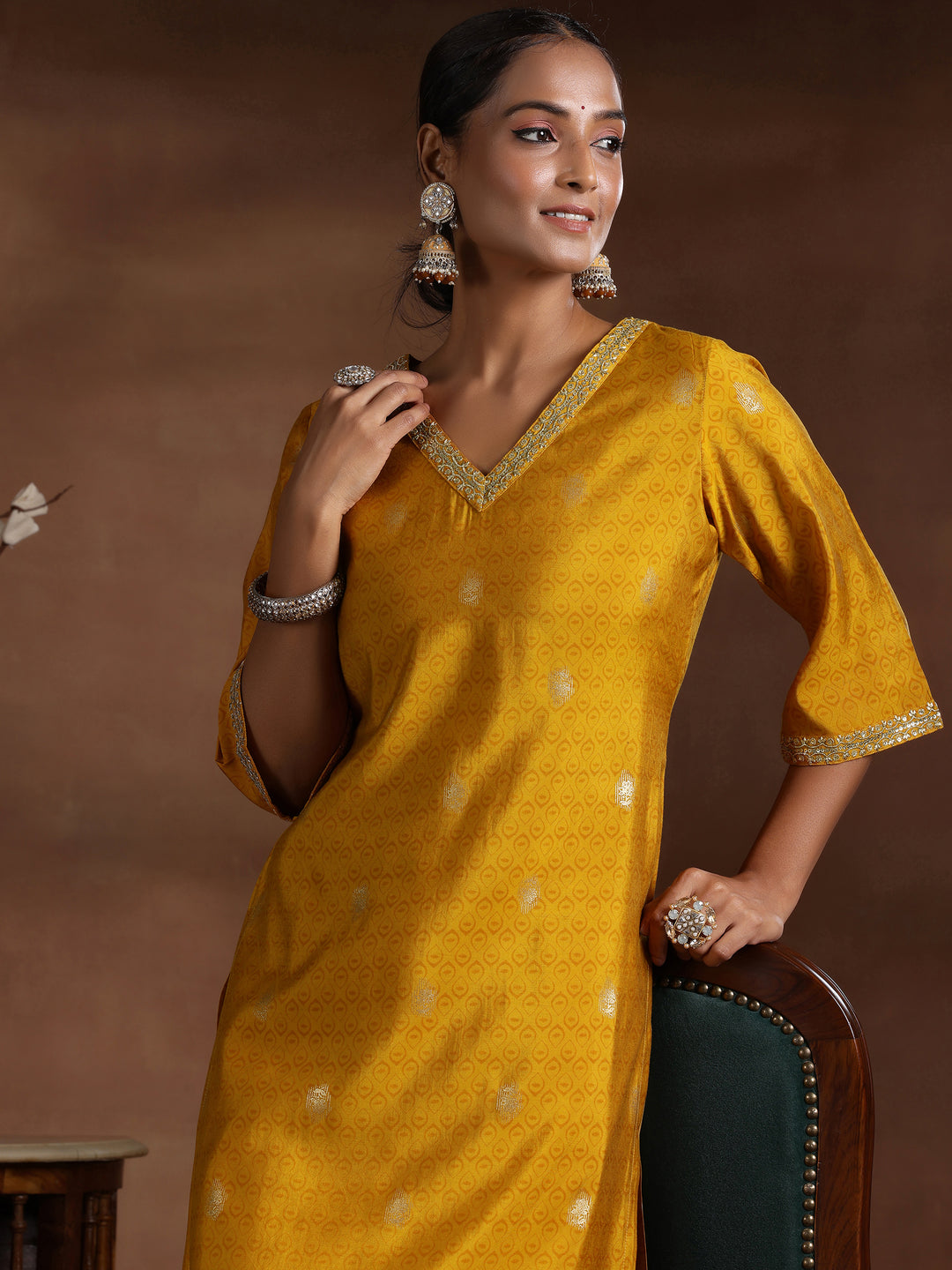 Mustard Printed Silk Straight Kurta