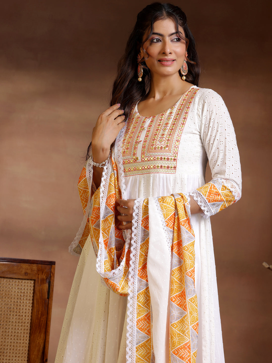 White Self Design Cotton Anarkali Suit With Dupatta