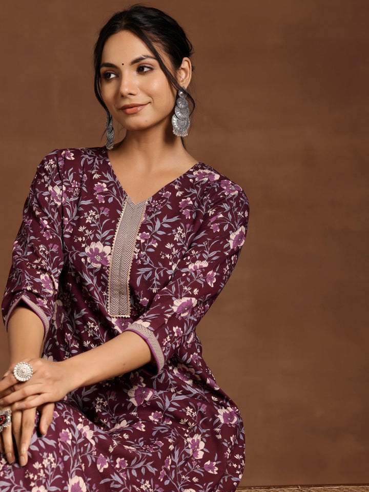 Wine Printed Cotton Straight Kurta Set