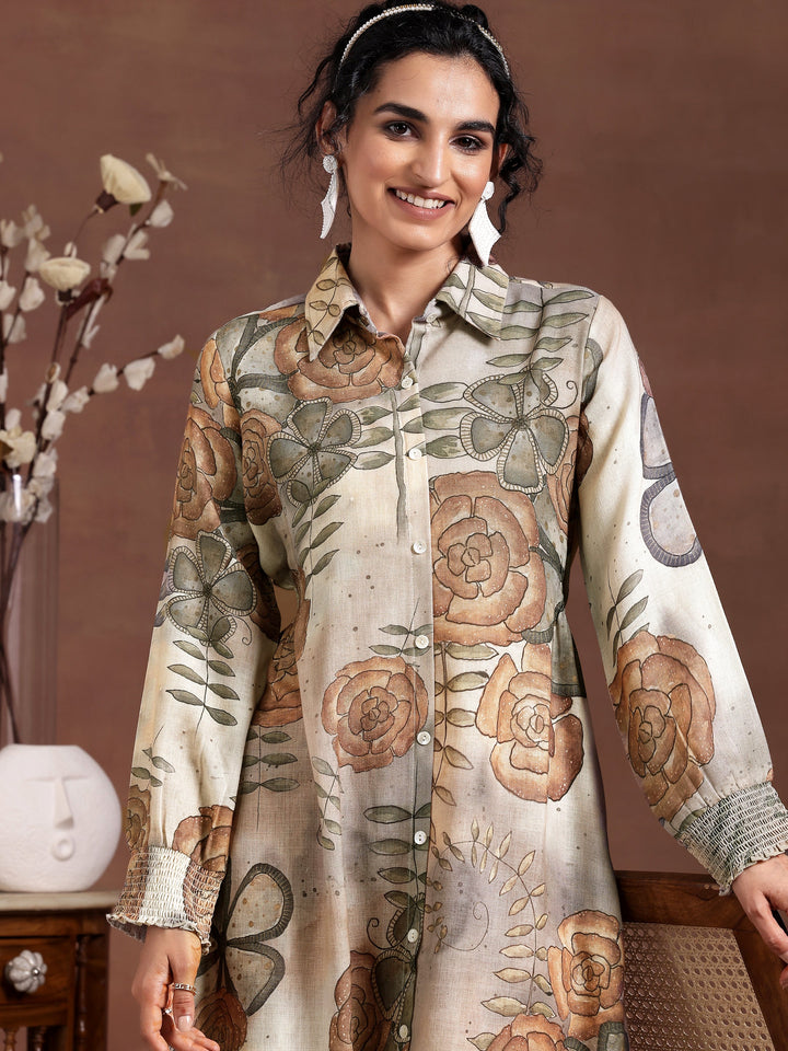 Grey Printed Cotton Blend Shirt Dress