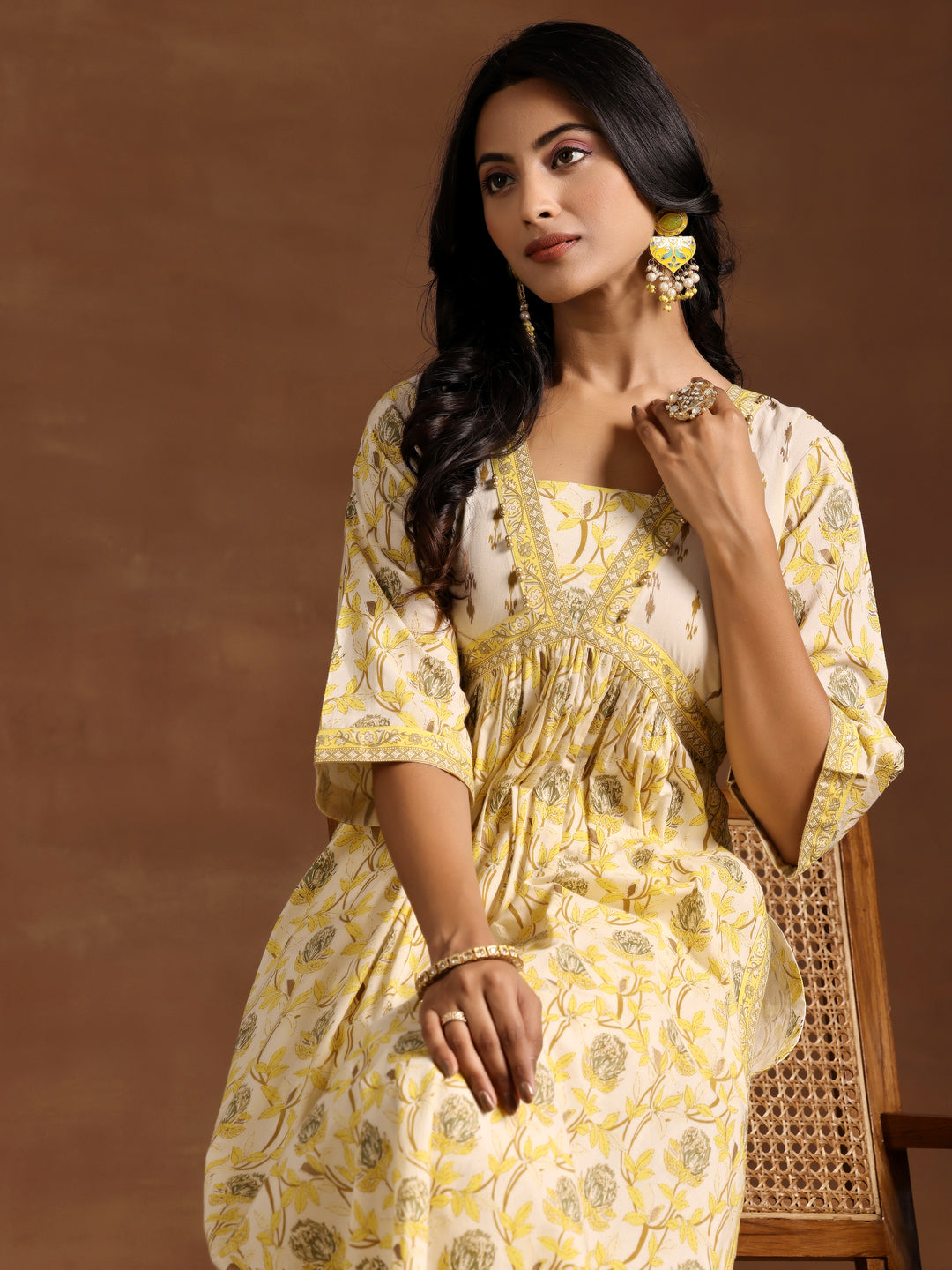 Yellow Printed Cotton A-Line Kurta With Salwar