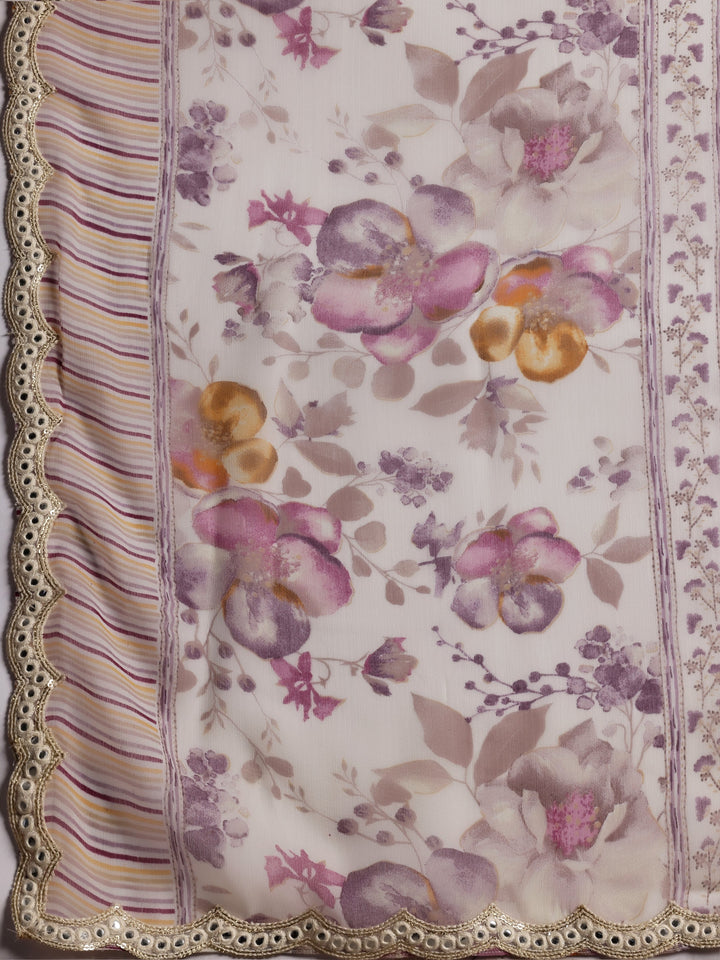 Off White Printed Silk Blend A-Line Kurta With Palazzos & Dupatta