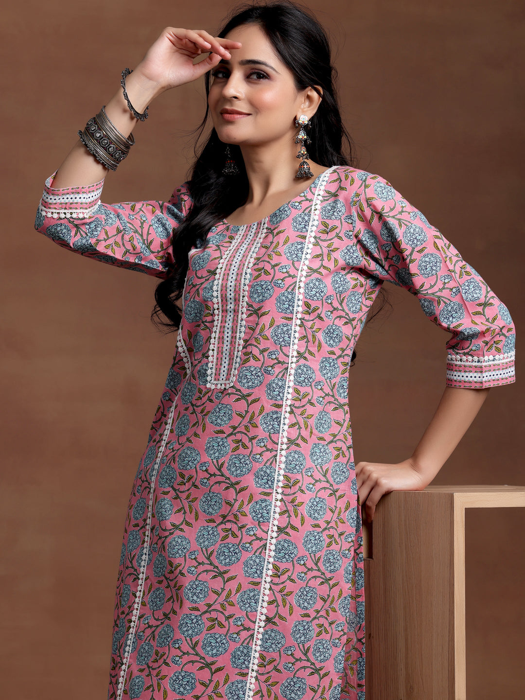 Pink Printed Cotton Straight Kurta