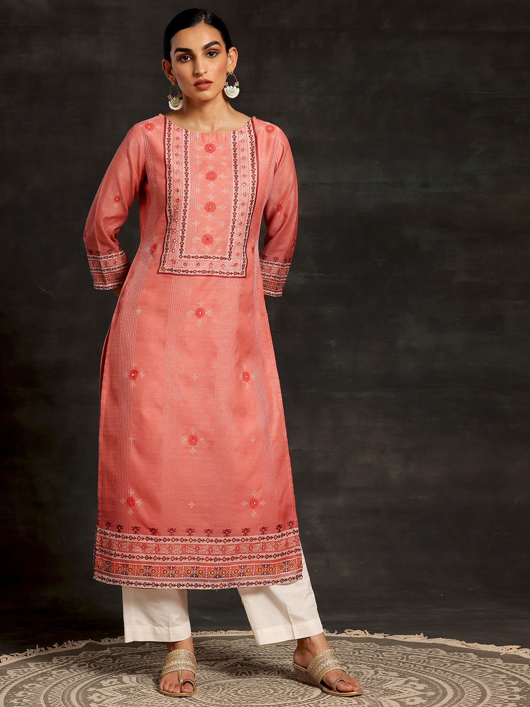Pink Embellished Chanderi Silk Straight Kurta