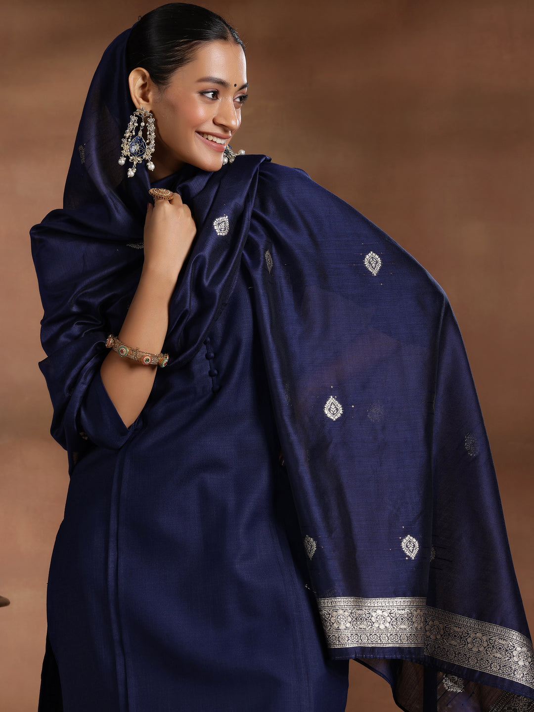 Navy Blue Solid Cotton Blend Straight Suit With Dupatta
