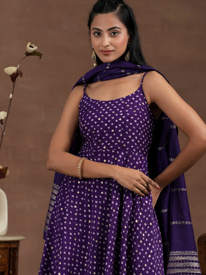 Purple Printed Rayon Anarkali Suit With Dupatta
