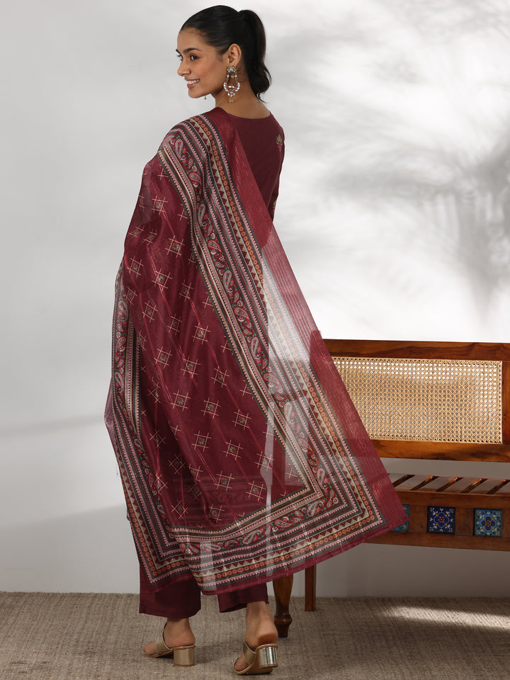 Maroon Printed Silk Blend Straight Suit With Dupatta