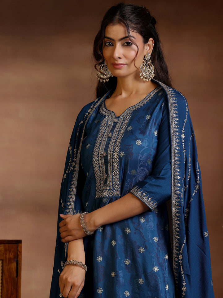 Navy Blue Woven Design Silk Blend Straight Suit With Dupatta