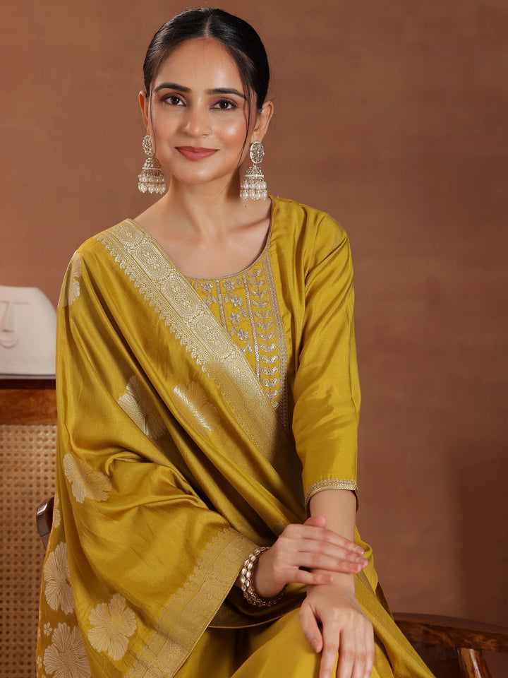 Mustard Yoke Design Silk Blend Straight Suit With Dupatta