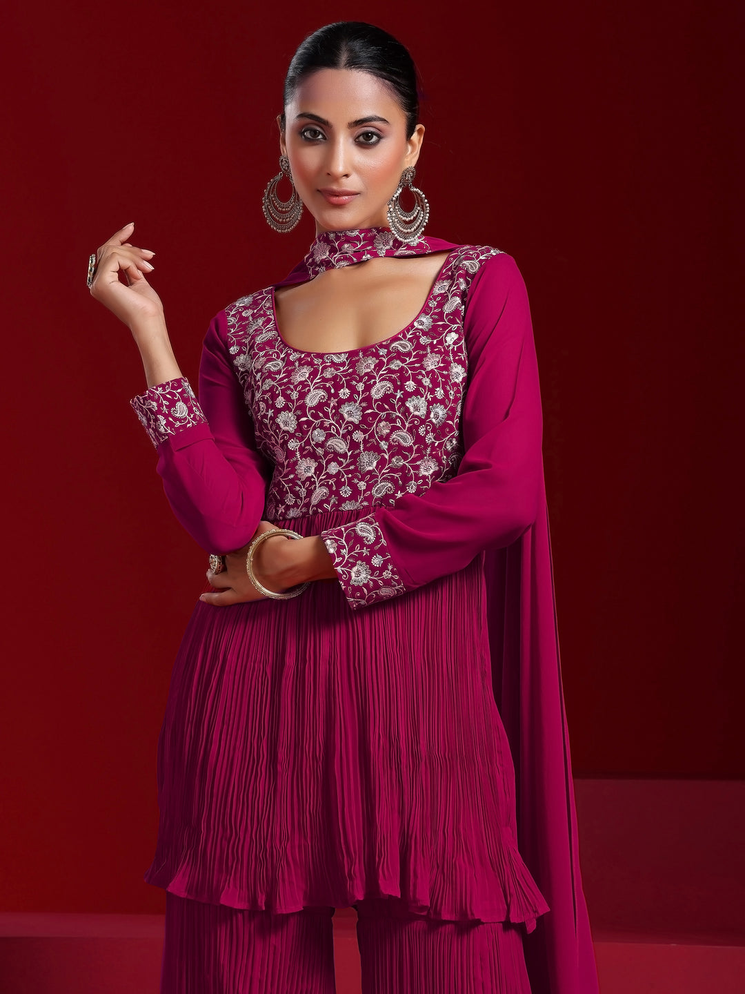 Libas Art Pink Embroidered Georgette A-Line Kurta With Sharara & Dupatta