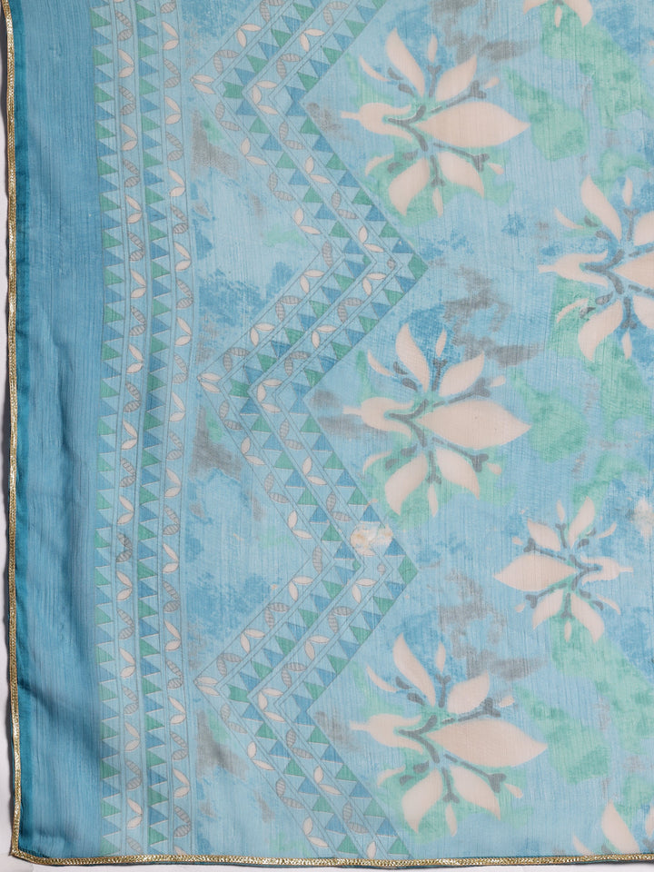 Blue Printed Silk Blend A-Line Kurta With Palazzos & Dupatta