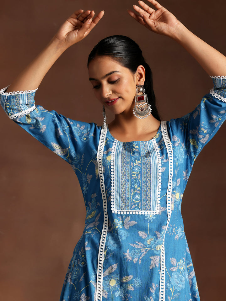 Blue Printed Cotton A-Line Kurta With Palazzos