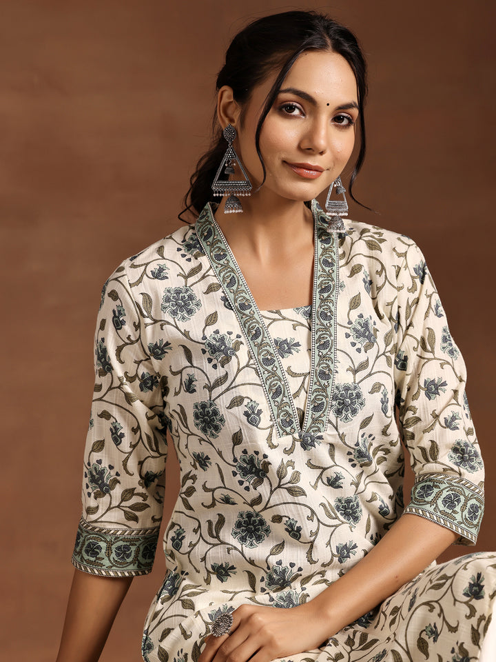 Off White Printed Cotton Straight Kurta