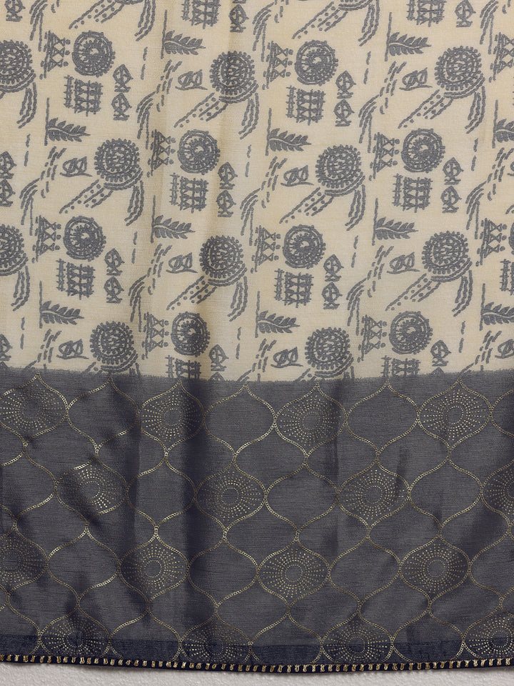 Beige Printed Silk Blend Saree With Unstitched Blouse Piece