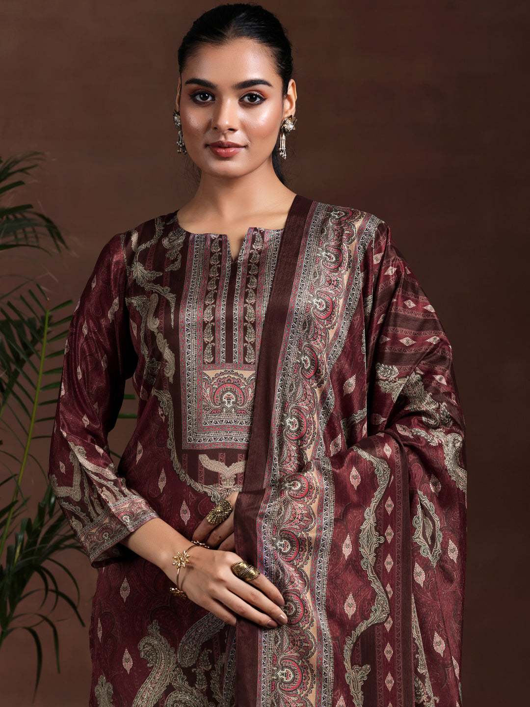 Brown Printed Silk Blend Straight Suit With Dupatta