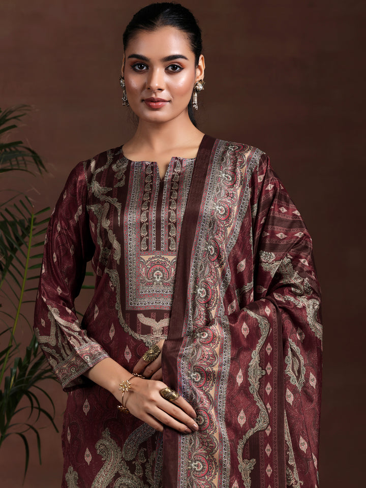 Brown Printed Silk Blend Straight Suit With Dupatta