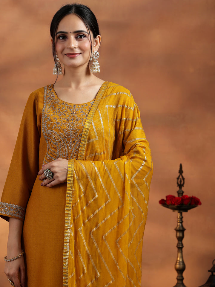 Mustard Embroidered Silk Blend A-Line Kurta With Trousers & Dupatta