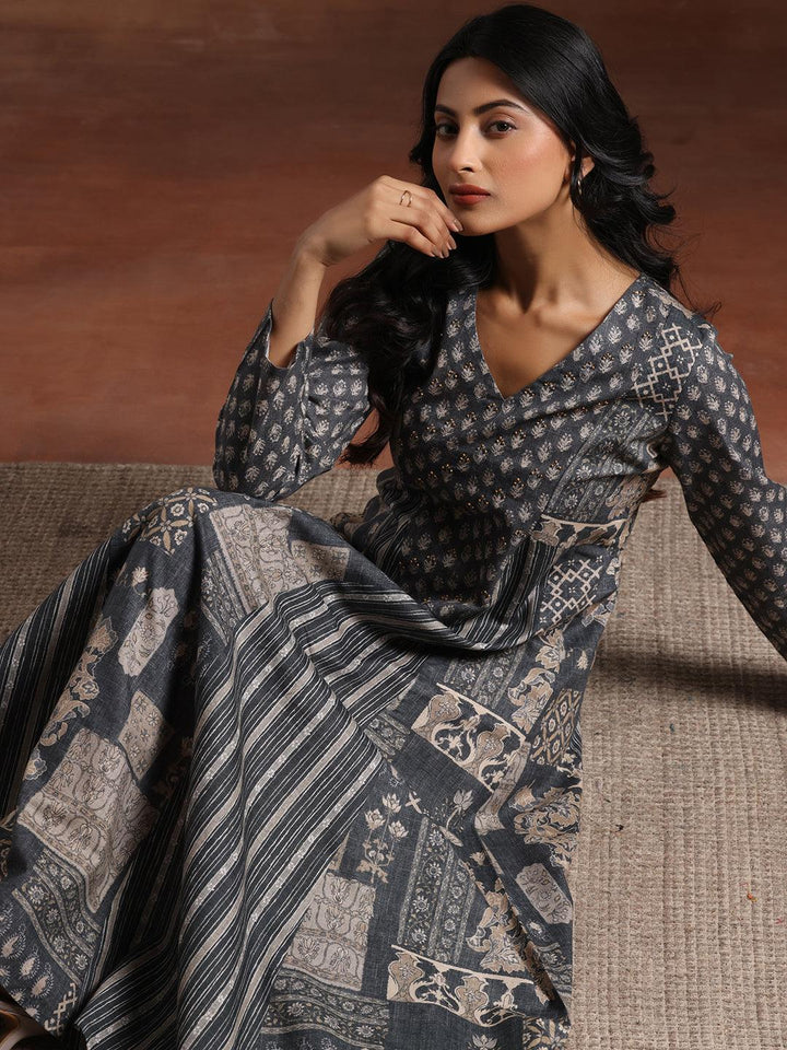 Grey Printed Cotton Blend A-Line Dress