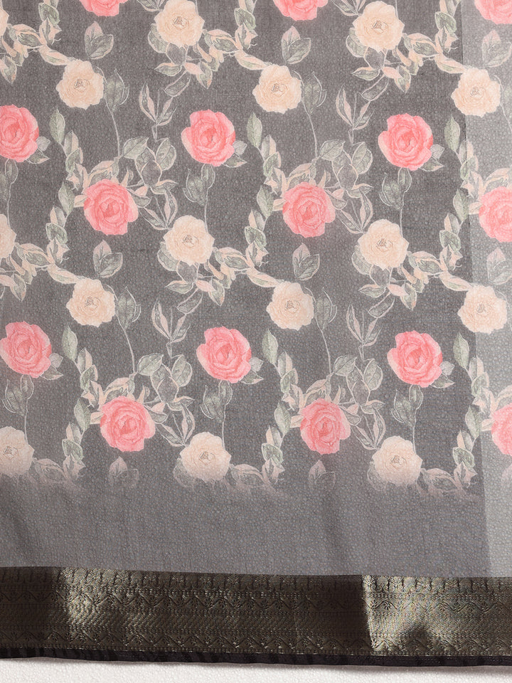 Black Printed Organza Saree With Unstitched Blouse Piece