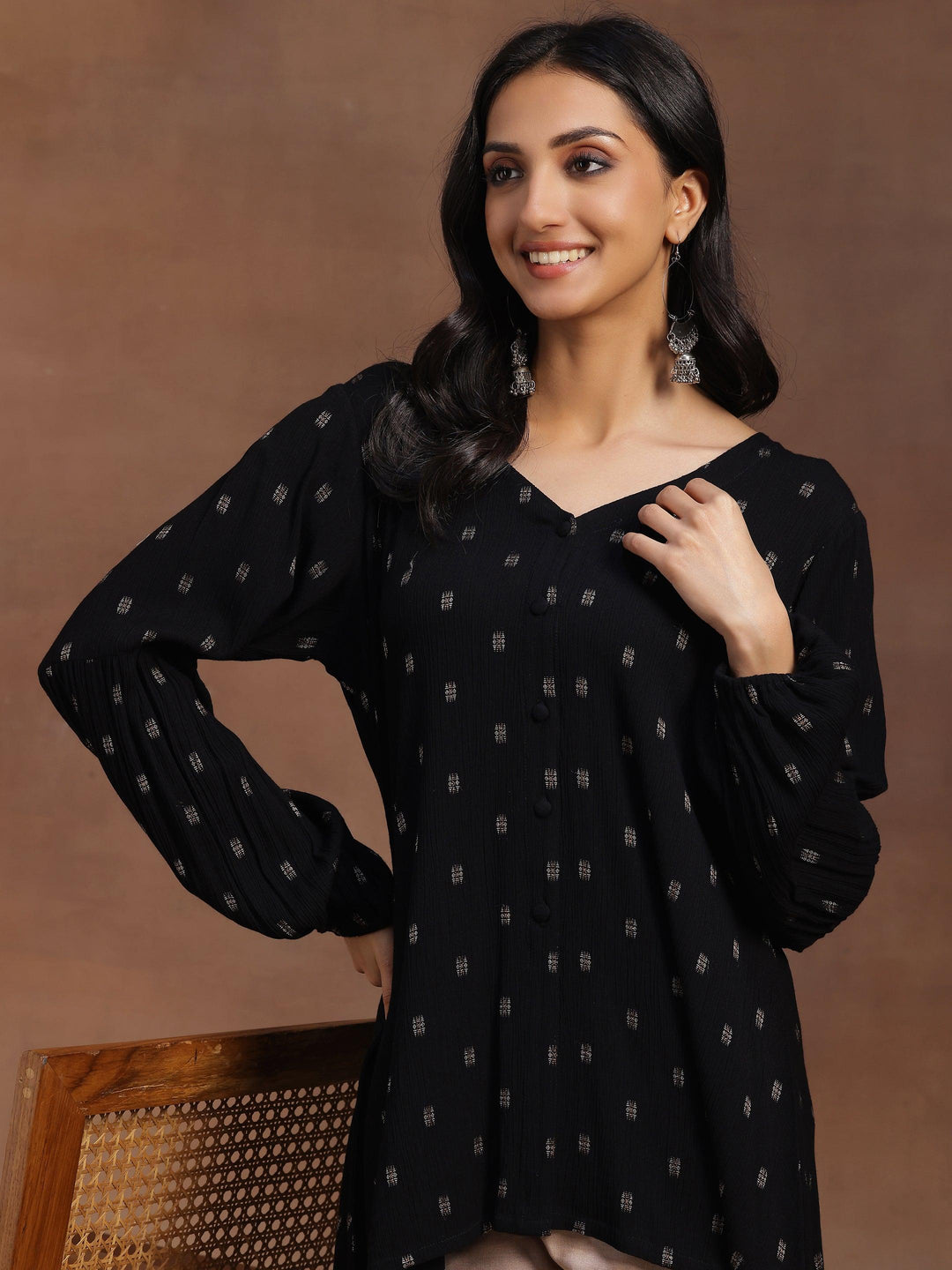 Black Woven Design Viscose Rayon A-line Kurti