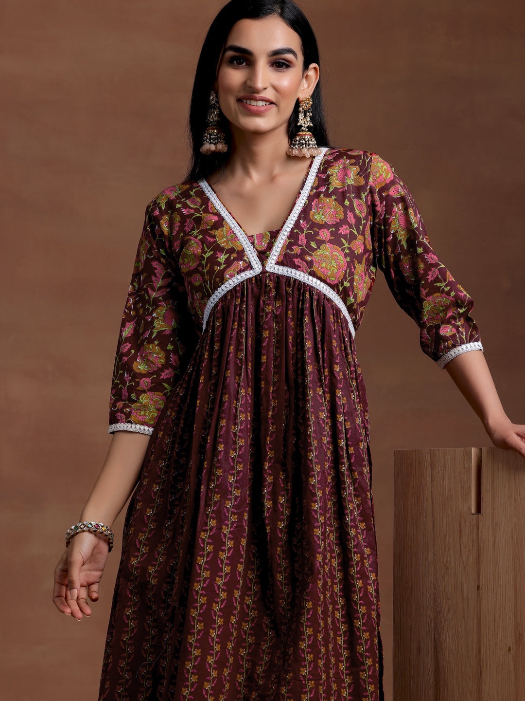Rust Printed Cotton A-Line Kurta With Palazzos