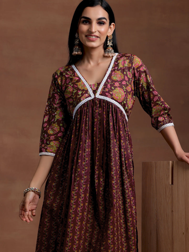 Rust Printed Cotton A-Line Kurta With Palazzos