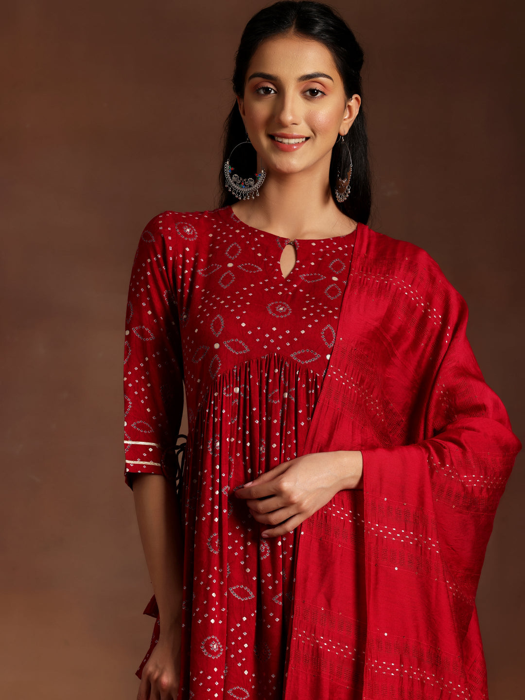 Sitara Red Printed Rayon A-Line Kurta With Palazzos & Dupatta