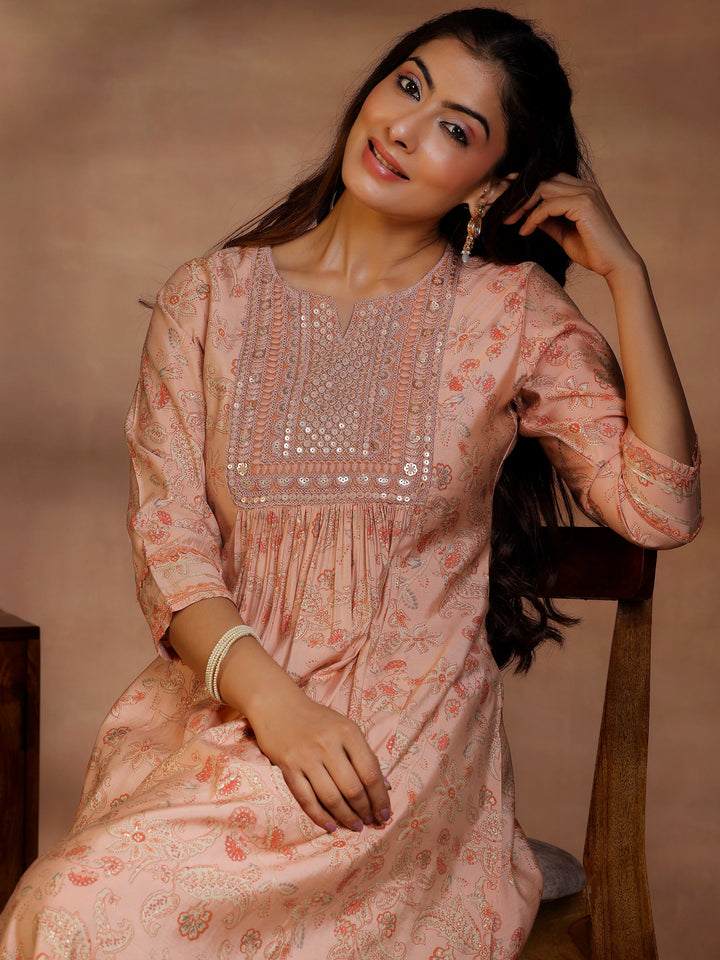 Rust Printed Silk Blend A-Line Kurta With Palazzos