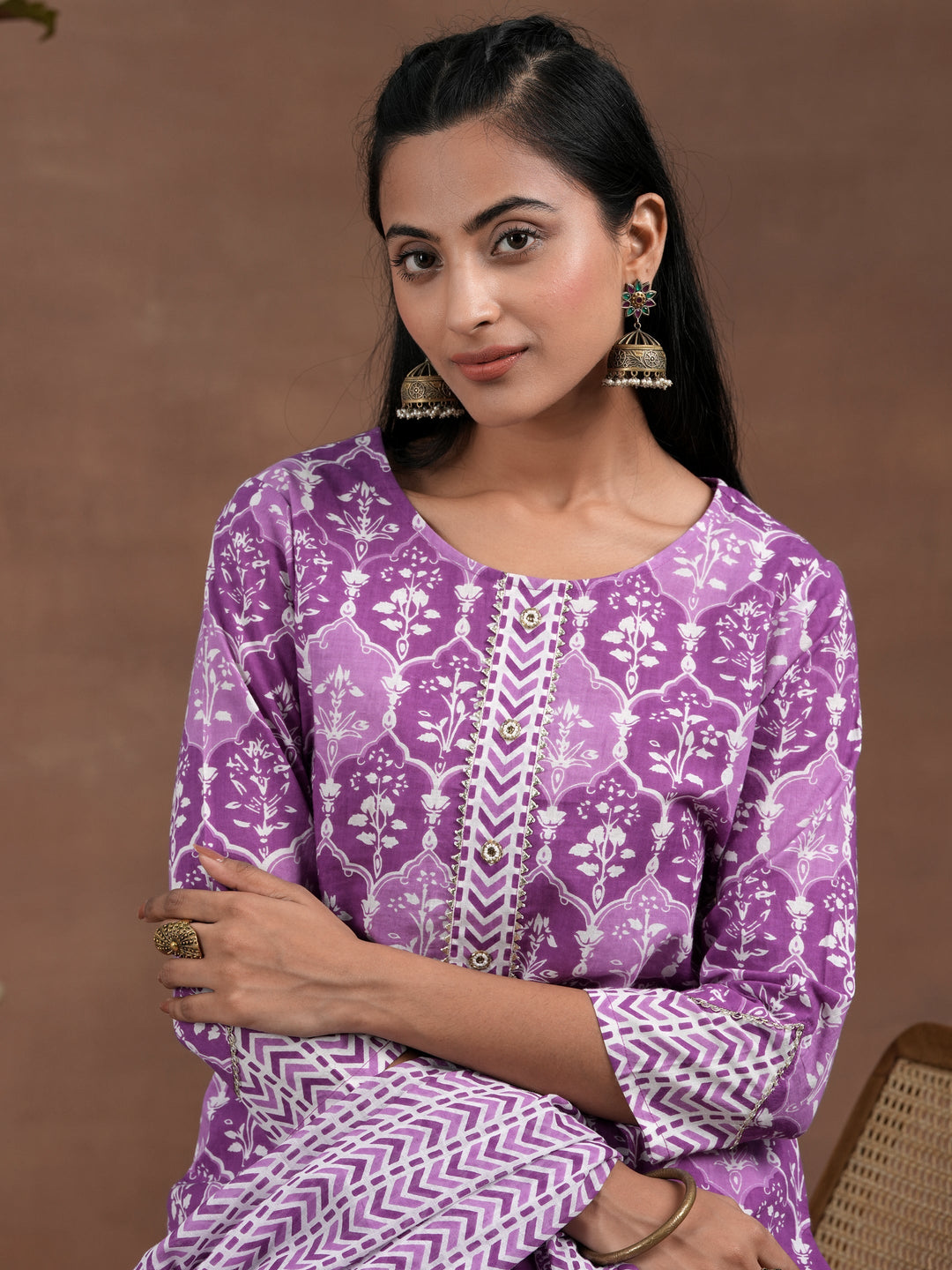 Purple Cotton Printed Straight Kurta