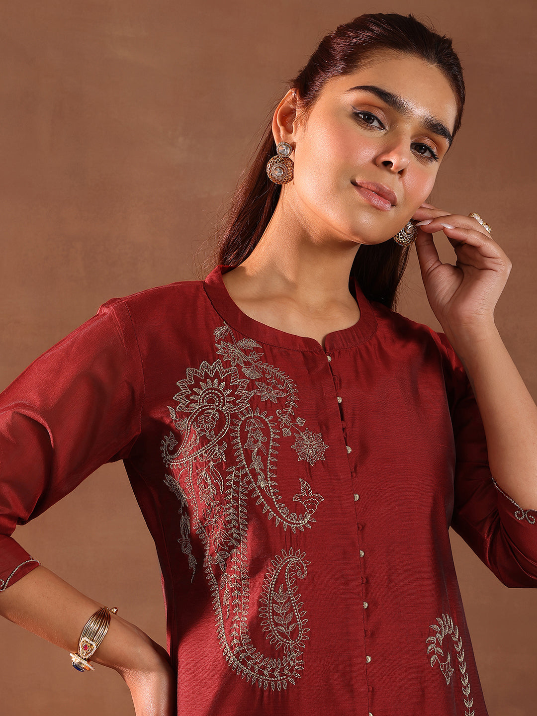 Maroon Embroidered Chanderi Silk Straight Suit With Dupatta