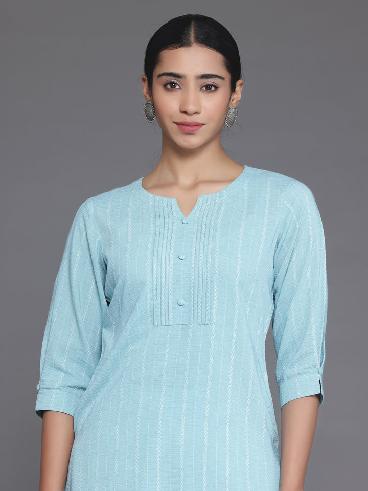 Blue Woven Design Cotton Blend Straight Kurti