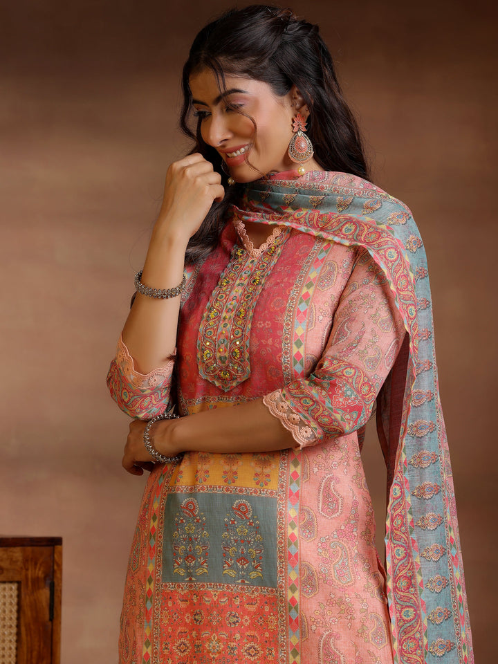Peach Printed Cotton Blend Straight Suit With Dupatta
