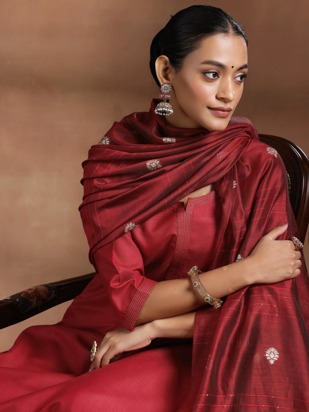 Maroon Solid Cotton Blend Straight Suit With Dupatta