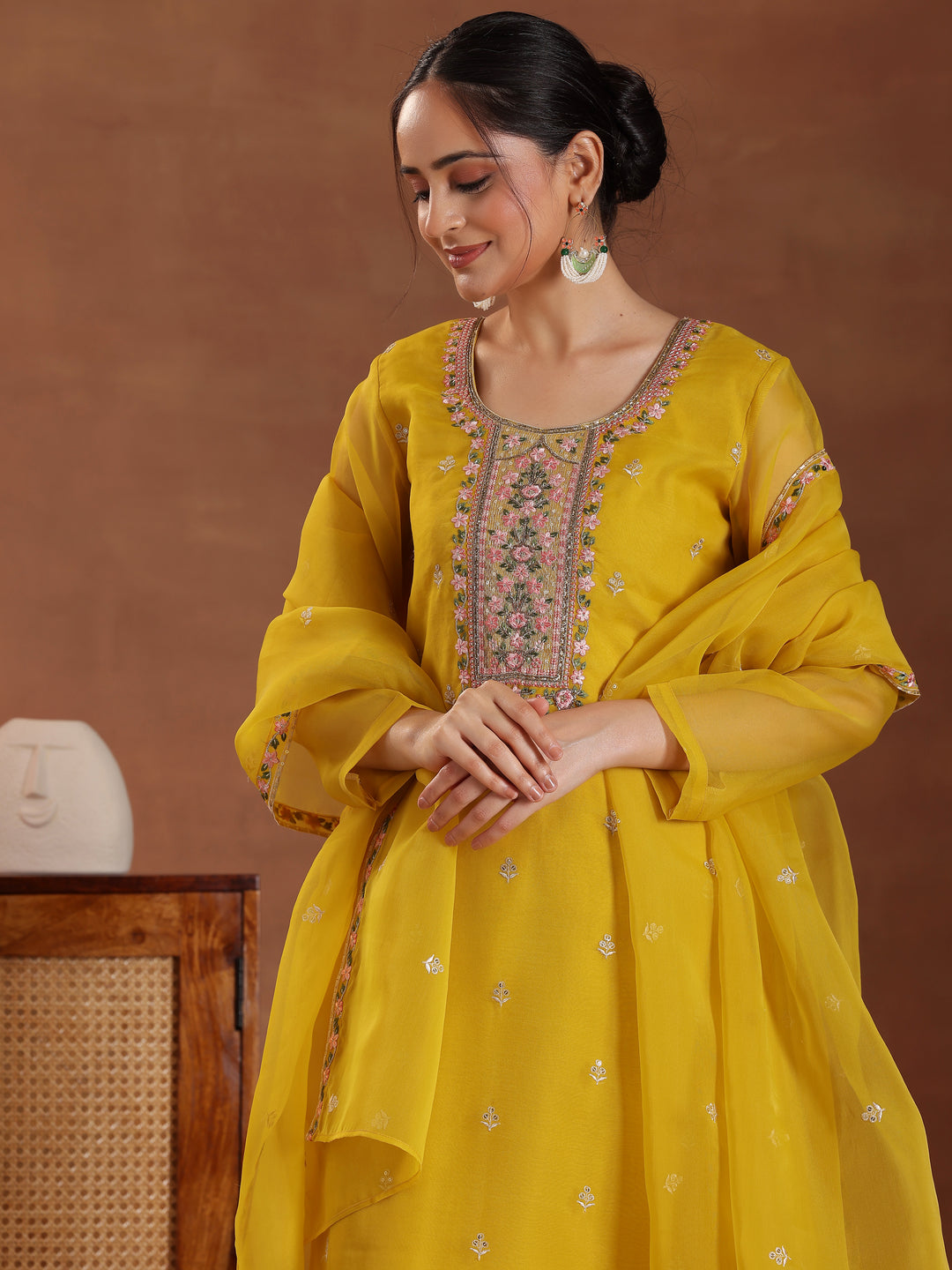Mustard Embroidered Organza Straight Suit With Dupatta