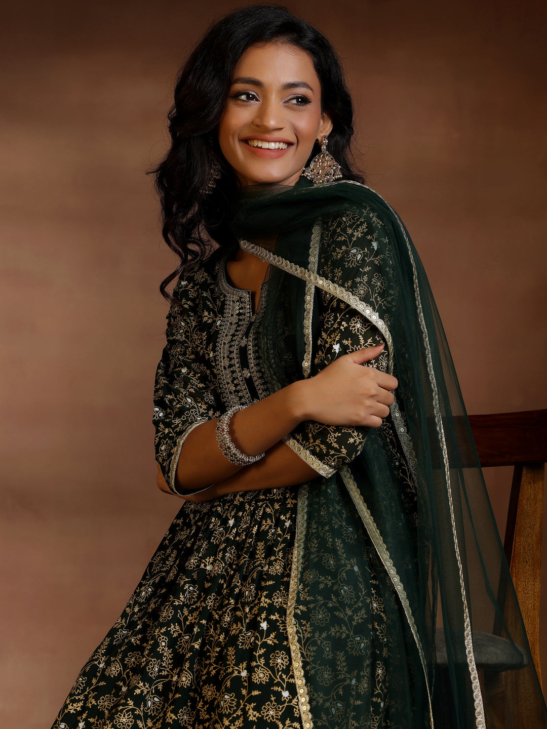 Green Printed Georgette A-Line Kurta With Trousers & Dupatta
