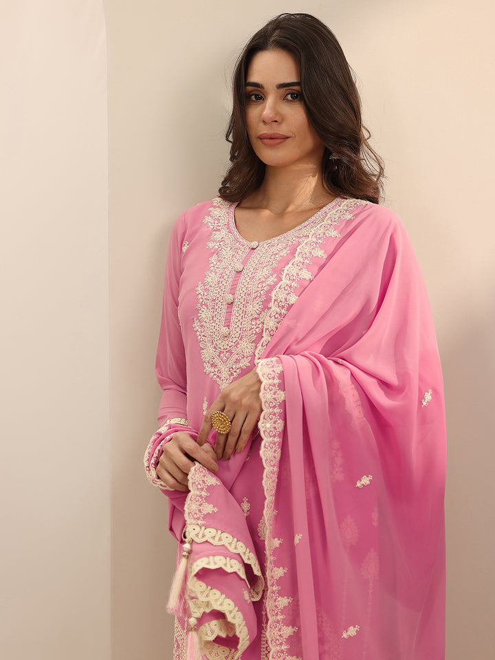 Pink Embroidered Georgette Straight Suit Set With Dupatta