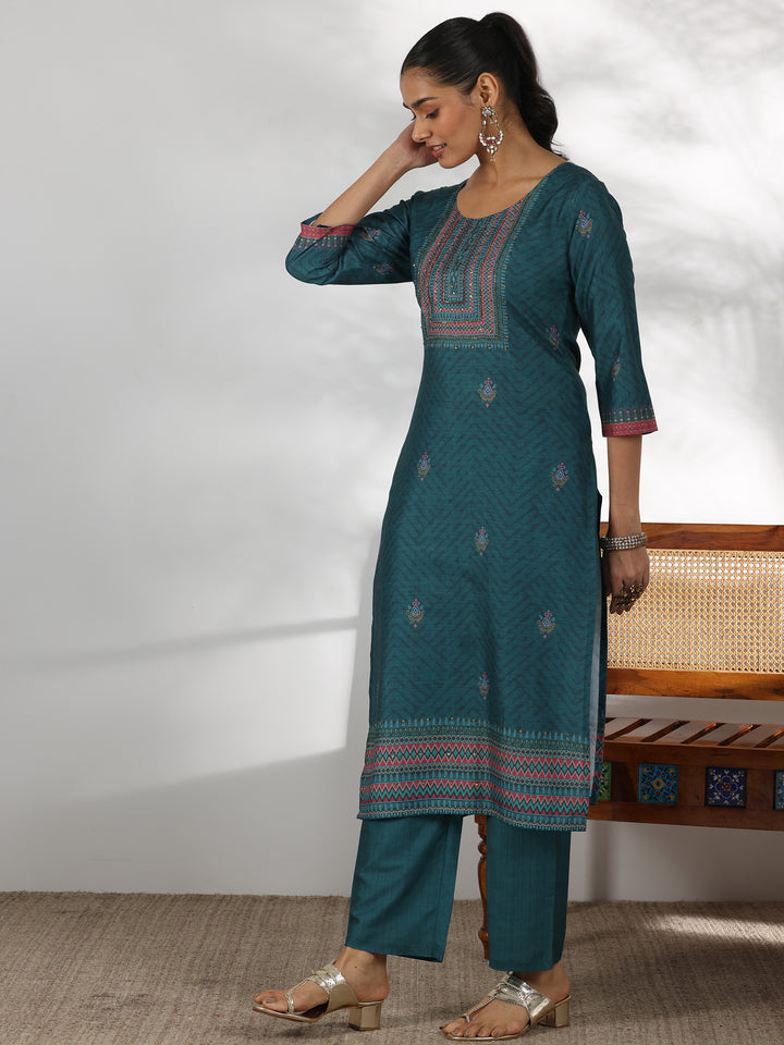 Teal Green Printed Silk Blend Straight Suit With Dupatta