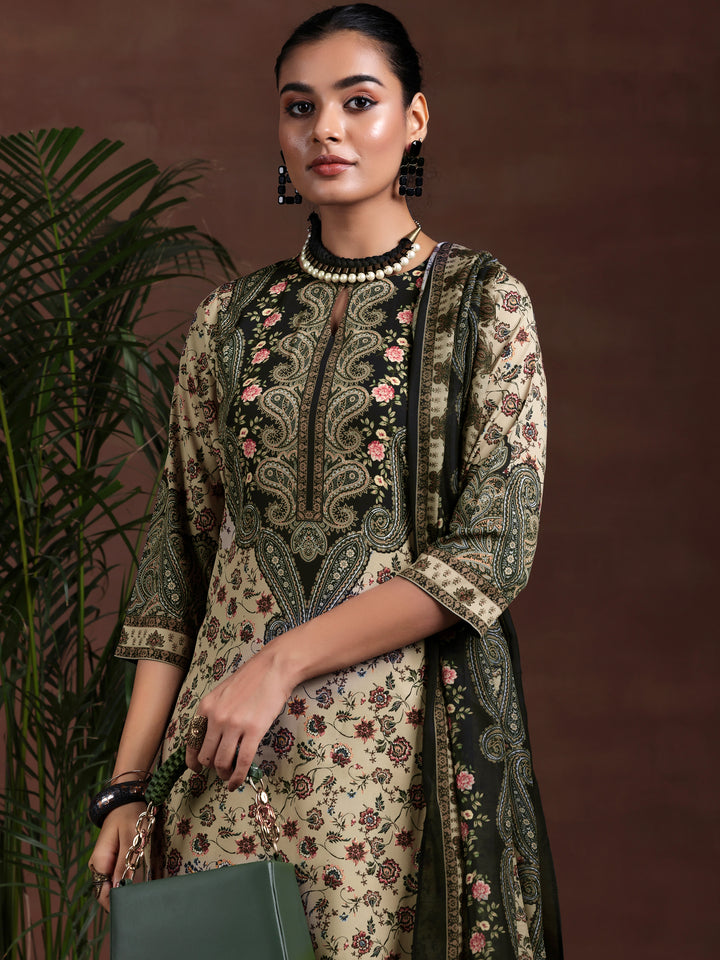 Beige Printed Poly Crepe Straight Suit With Dupatta