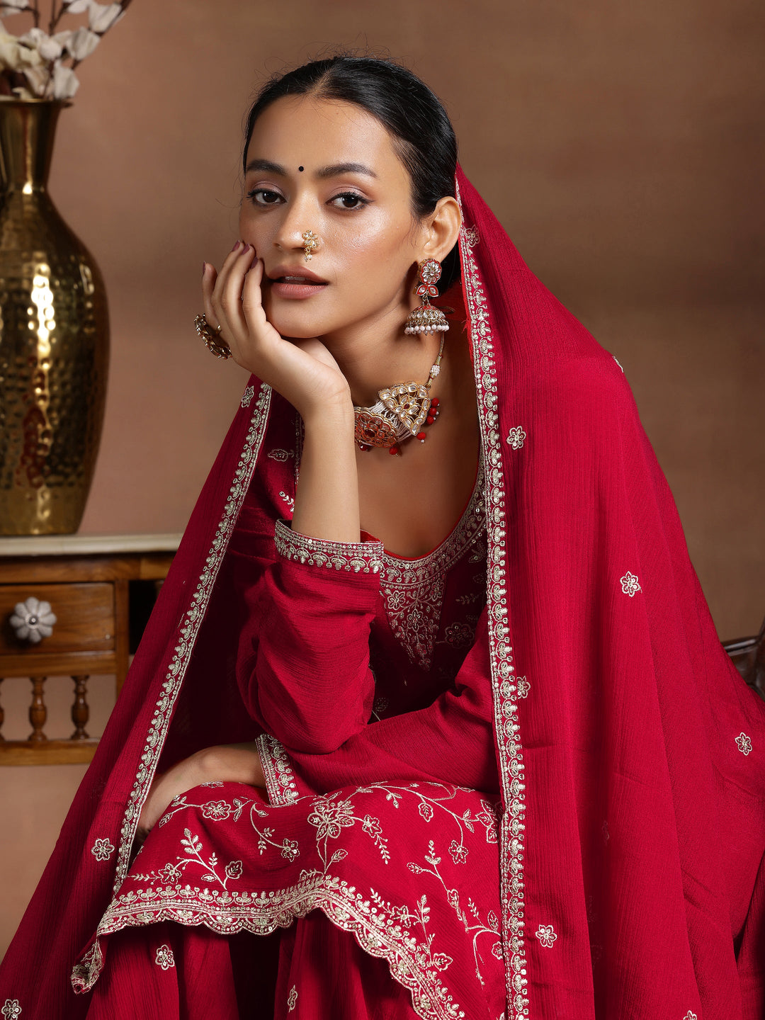 Red Embroidered Silk Blend Straight Suit With Dupatta