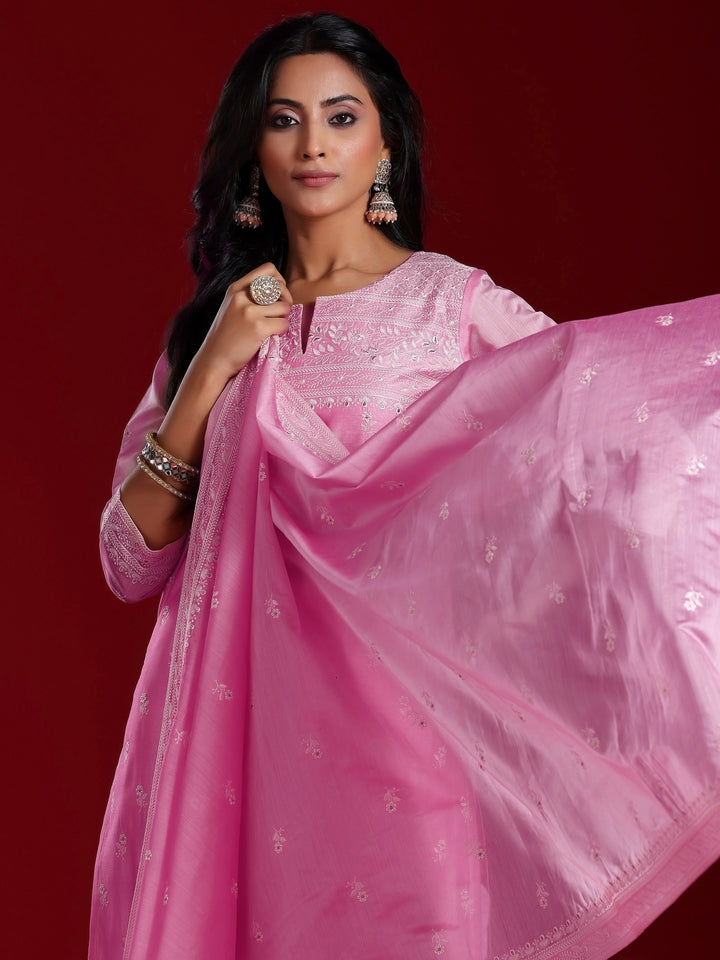Libas Art Pink Embroidered Chanderi Silk Straight Suit With Dupatta