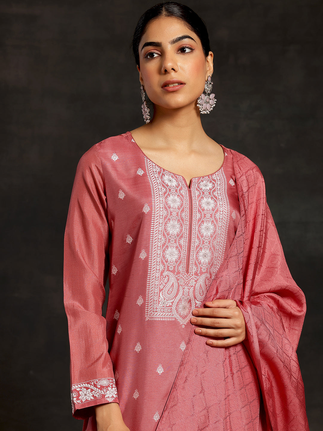 Pink Woven Design Silk Blend Straight Suit With Dupatta