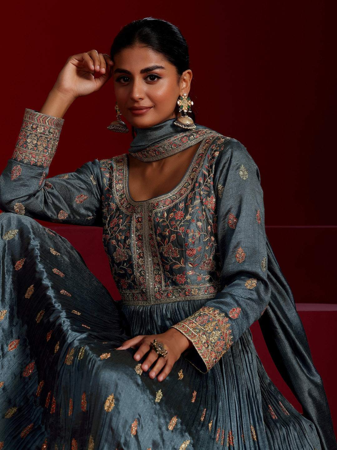 Libas Art Blue Embroidered Silk Blend A-Line Kurta With Trousers & Dupatta