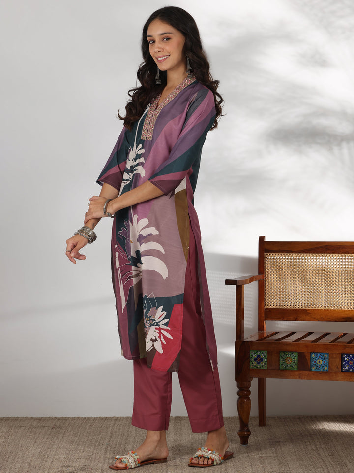 Mauve Printed Cotton Blend Straight Suit With Dupatta