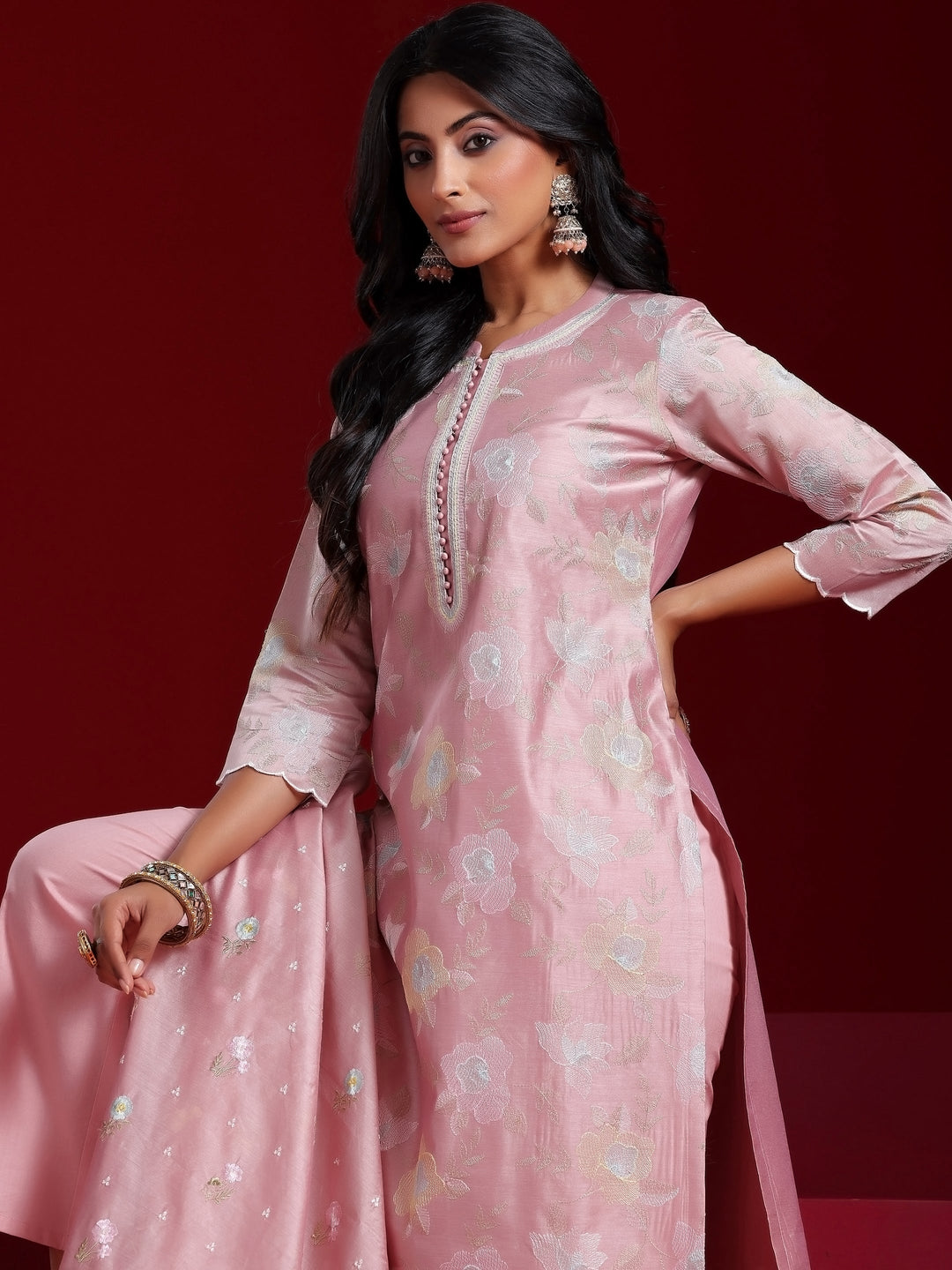 Libas Art Pink Embroidered Chanderi Silk Straight Suit With Dupatta