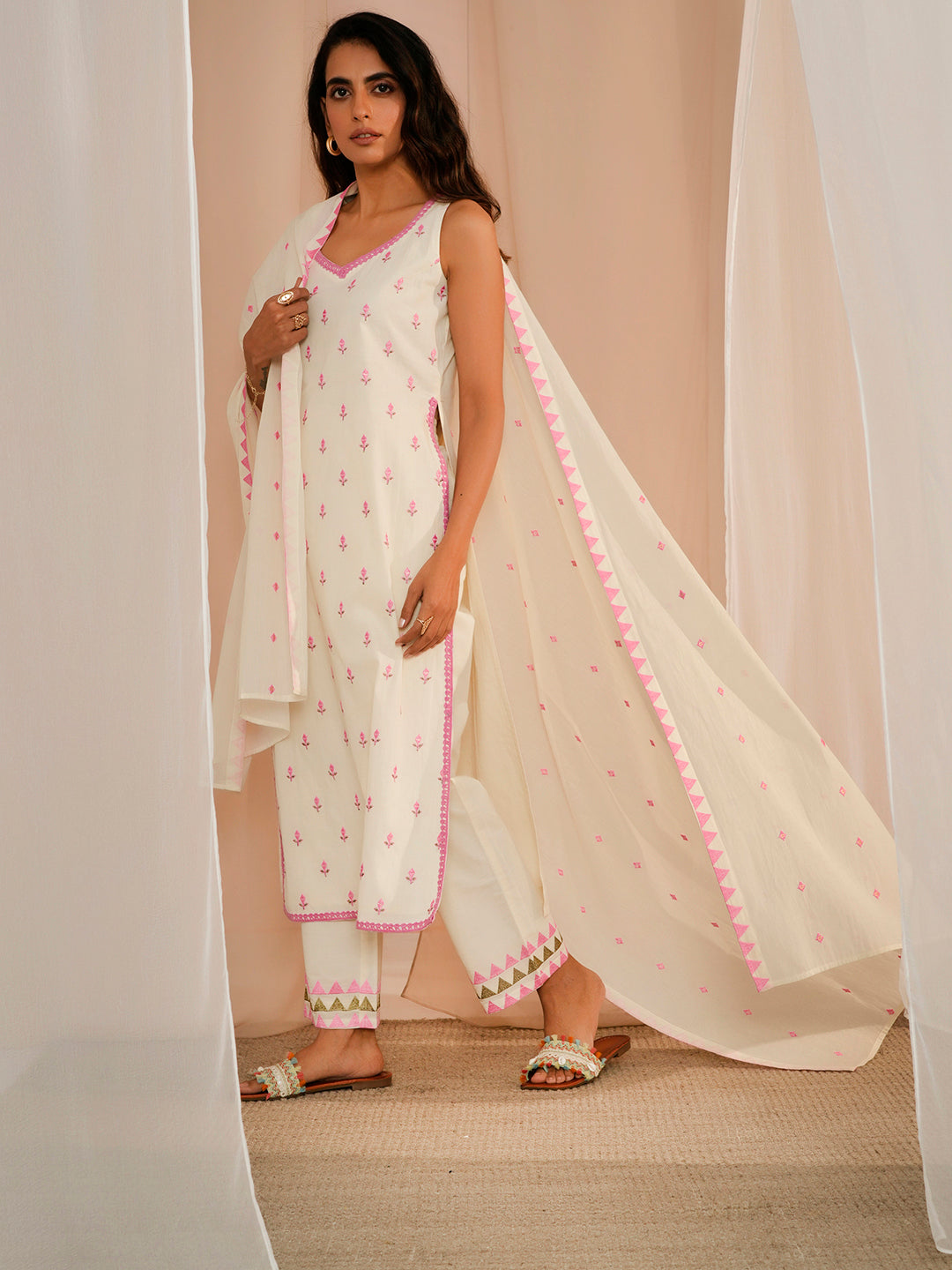 Off White Embroidered Cotton Straight Suit With Dupatta