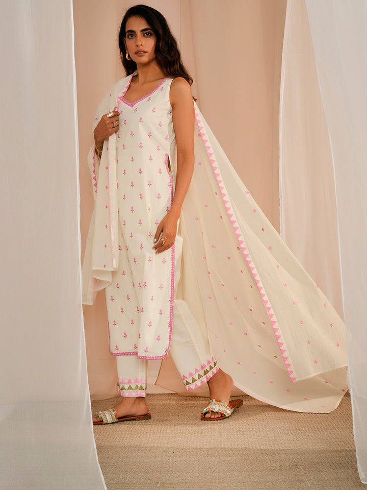Off White Embroidered Cotton Straight Suit With Dupatta