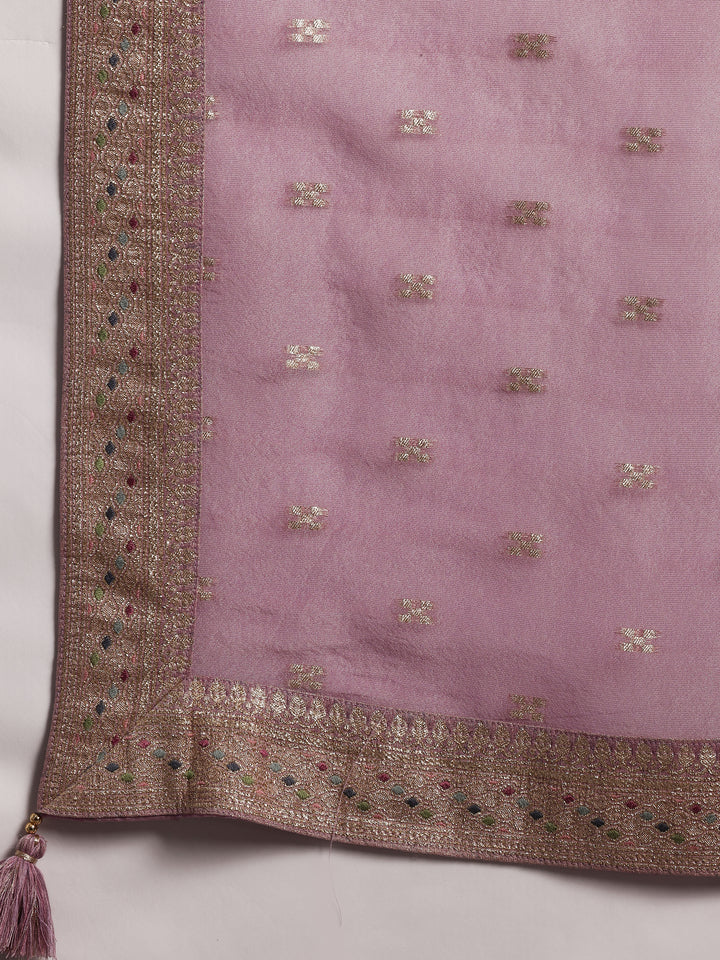 Mauve Woven Design Silk Blend Straight Kurta With Trousers & Dupatta