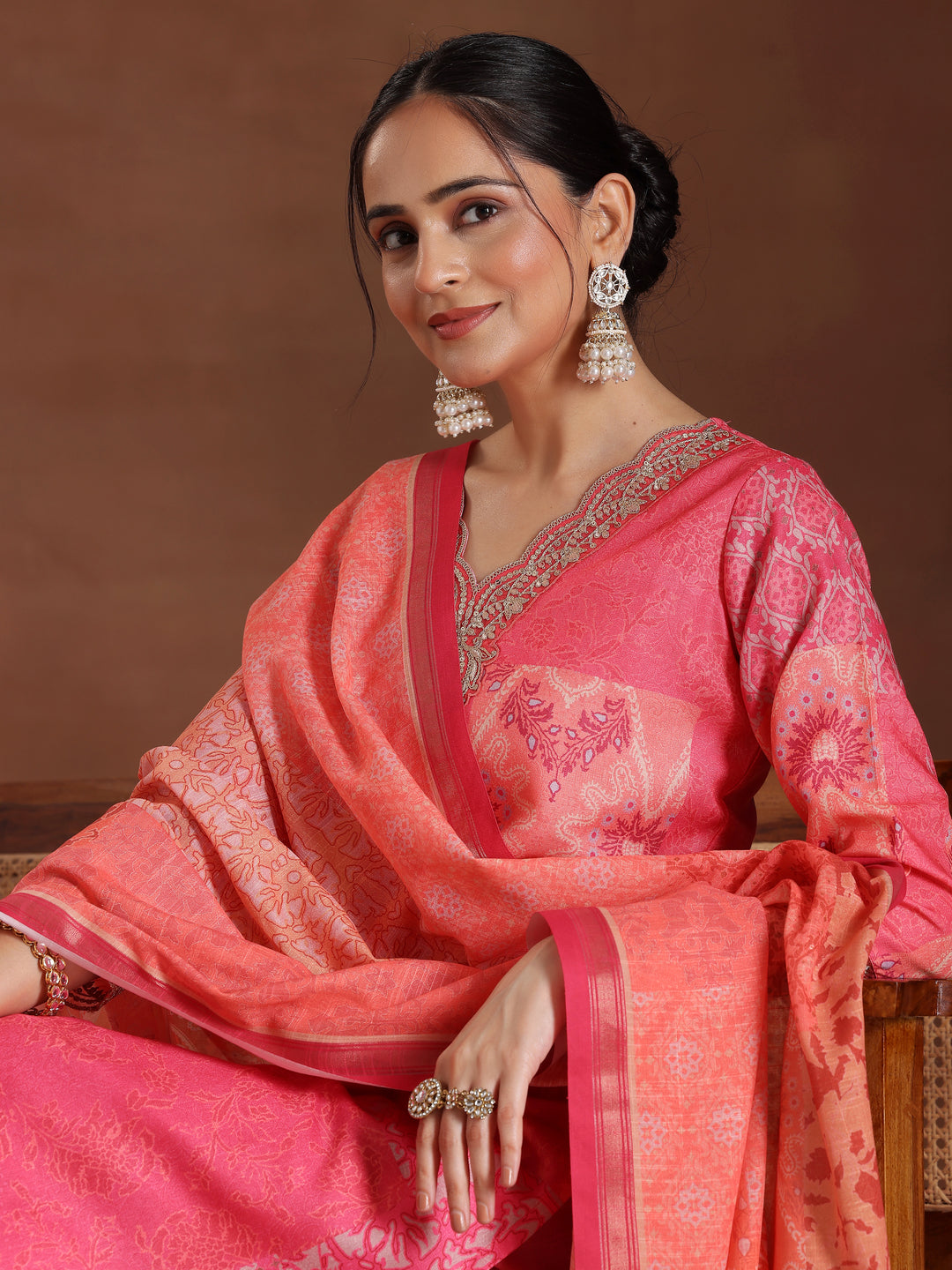 Pink Printed Cotton Blend Straight Suit With Dupatta
