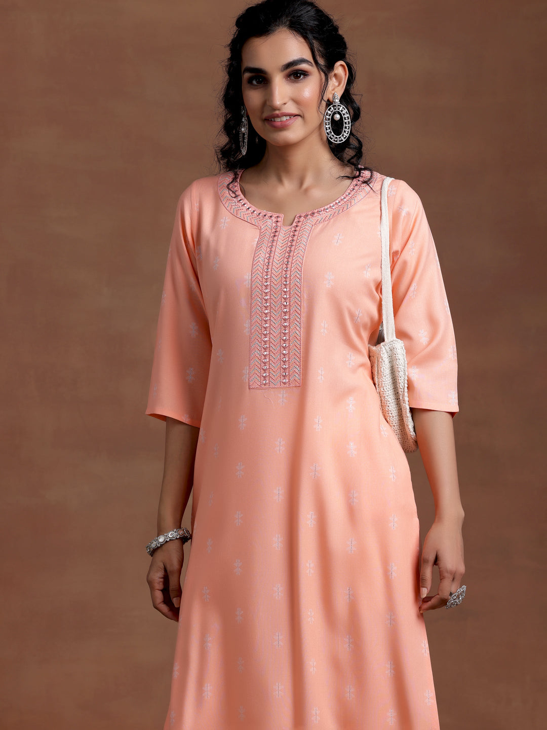 Peach Woven Design Cotton Straight Kurta