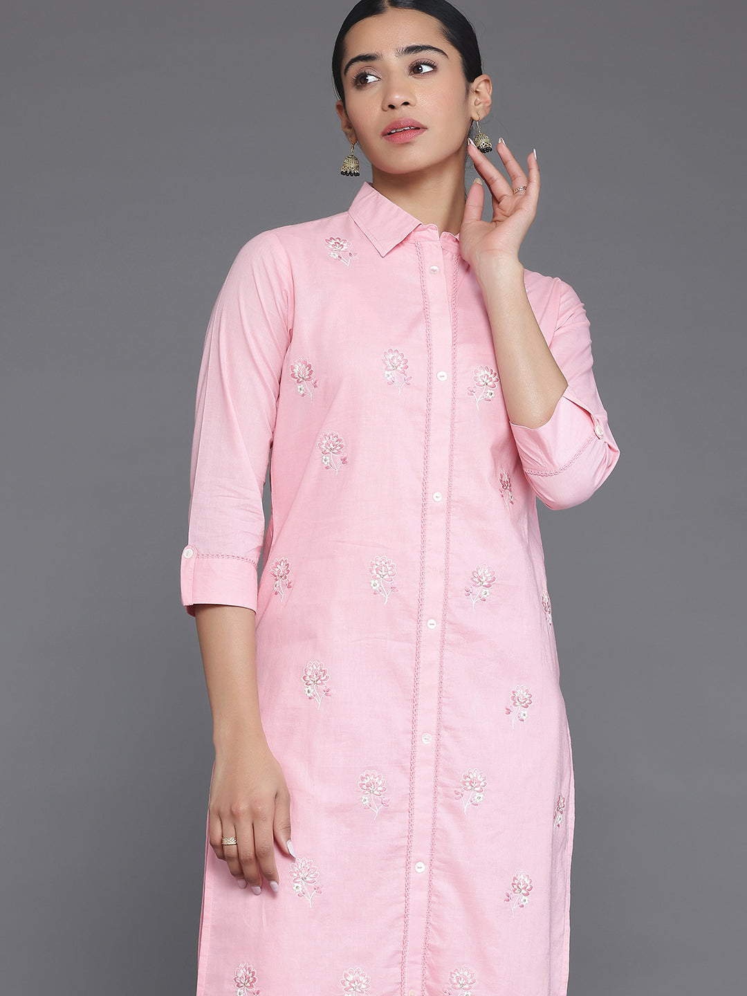 Pink Embroidered Cotton Straight Kurta